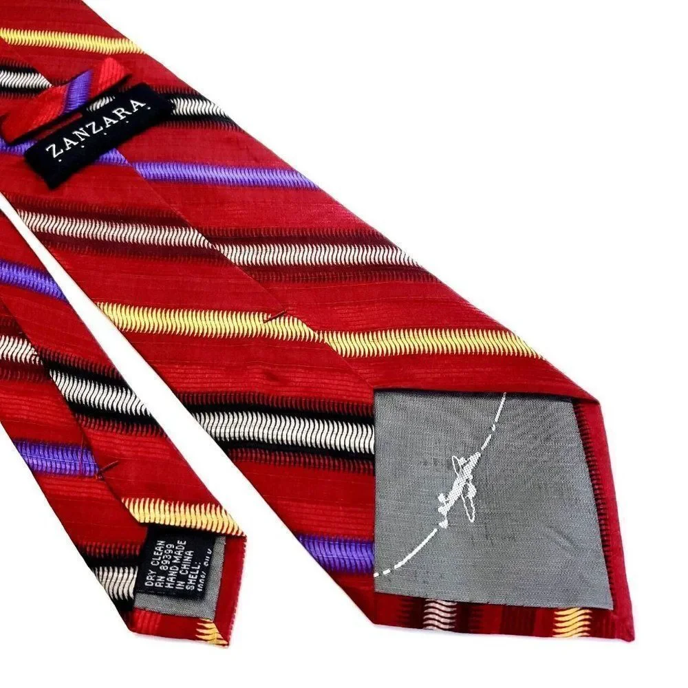 Zanzara Red Multi-Colored Striped Woven‎ Silk Tie